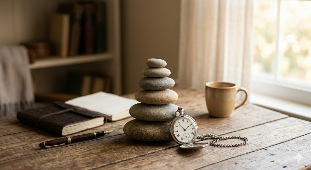 A serene display of stacked stones and a vintage pocket watch on a rustic wooden table by a window, representing time, patience, and aging gracefully in Islam.