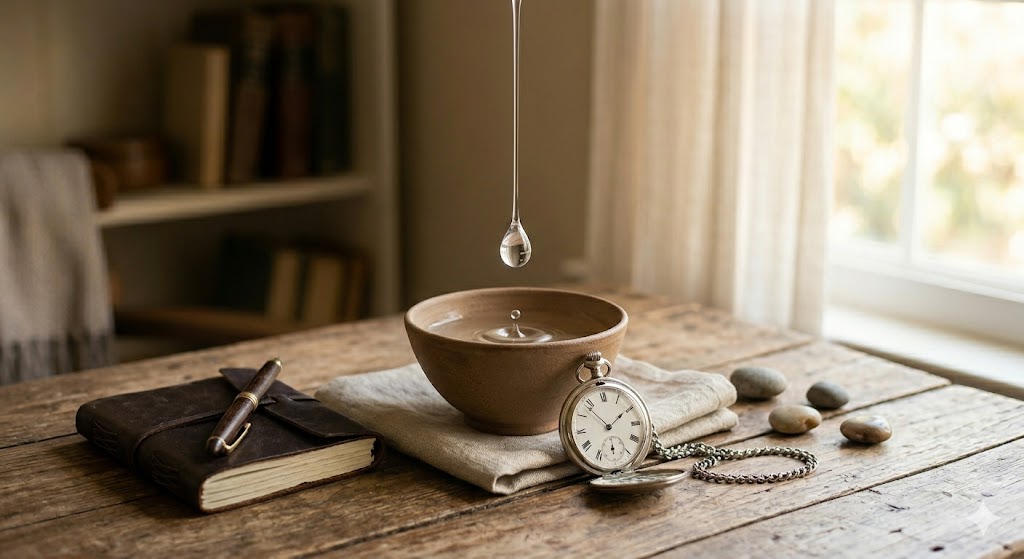 A single drop of clear water falling into a clay bowl on a rustic table next to a pocket watch, symbolizing the gradual build-up of relationships and the passage of time.