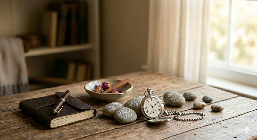 A vintage pocket watch alongside stones delicately engraved with floral patterns and a bowl of dried rose petals on a rustic table, symbolizing family stories, memories, and aging gracefully.