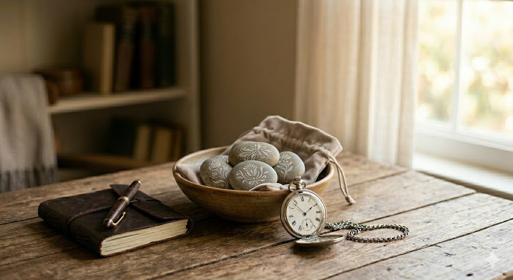 Engraved stones placed gently inside a ceramic bowl wrapped with a soft cloth alongside a vintage watch on a rustic wooden table, representing marriage counseling, restoration, and values.