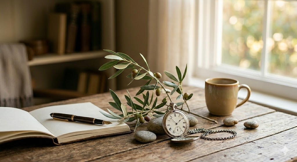 A detailed view of fresh olive leaves next to a classic fountain pen, an open journal, and a vintage pocket watch on a warm wooden desk, symbolizing wisdom, the olive tree metaphor, and aging gracefully.